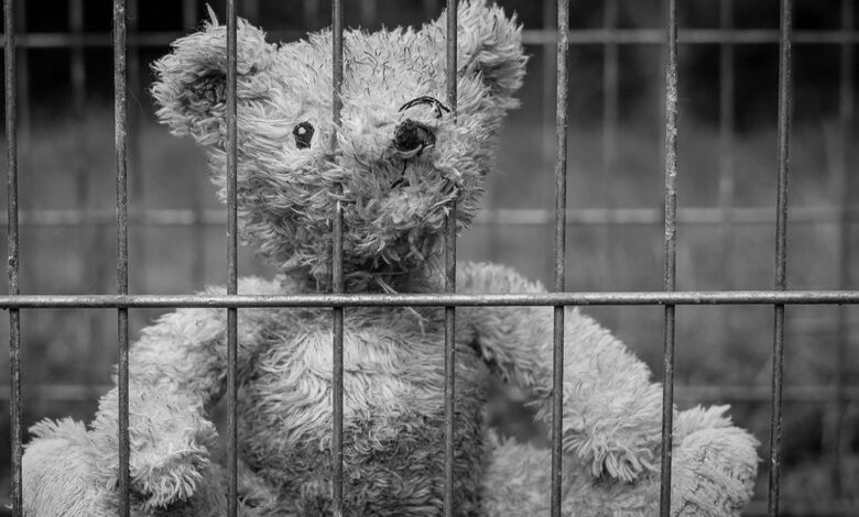 Игрушечный медведь сидит за решеткой.